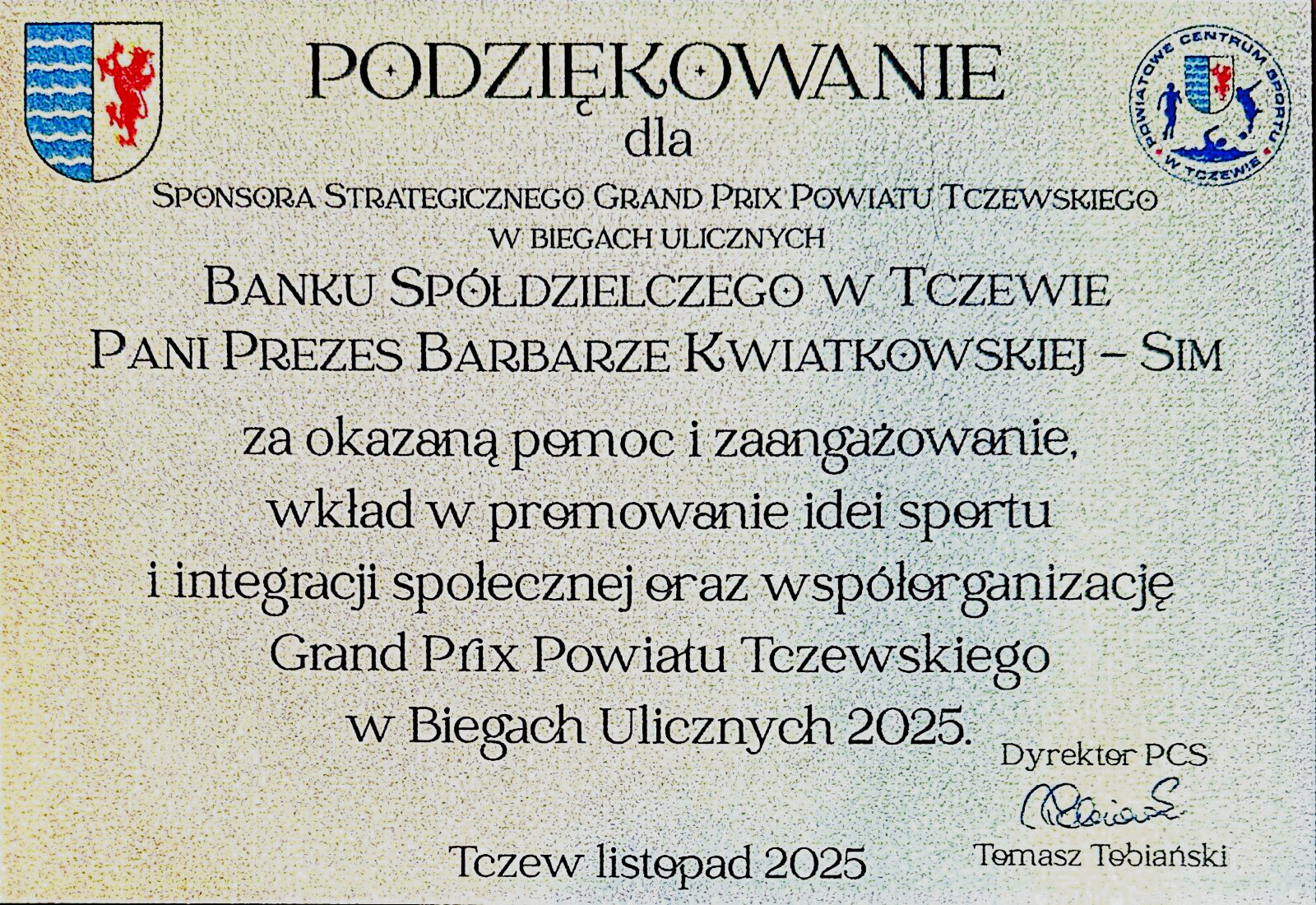 dyplom za bycie sponsorem strategicznym cyklu bieg&oacute;w ulicznych